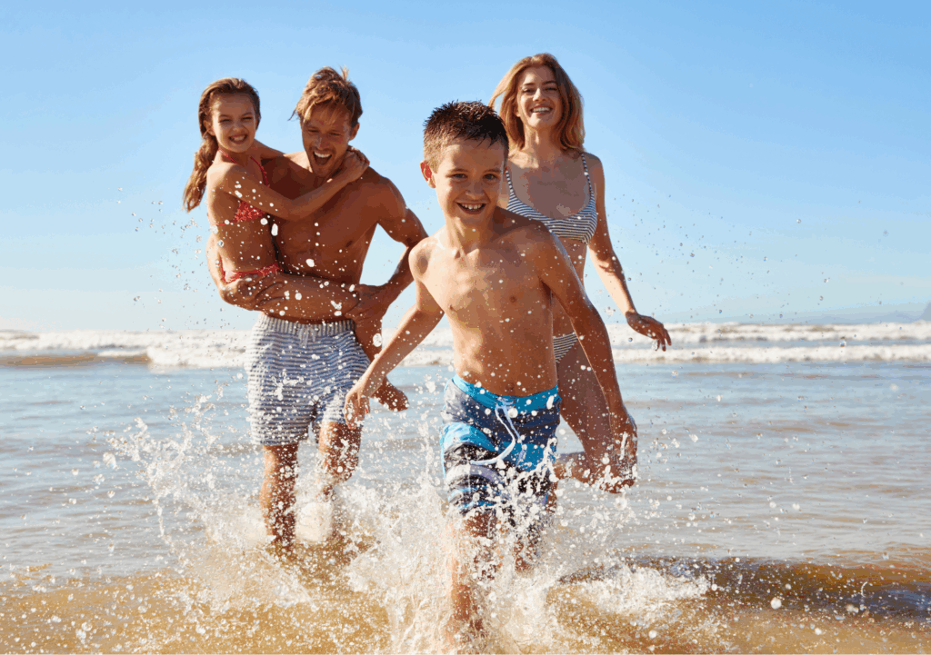 family running beach
